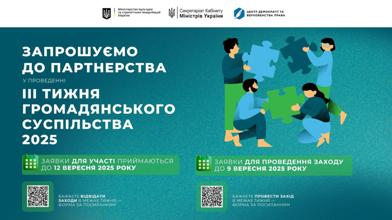 Емблема тижня: у правій стороні - чоловіки та жінки з пазлами в руках. Праворуч - написи: "Запрошуємо до партнерства у проведенні ІІІ тижня громадянського суспільства 2025". Нижче - написи: "Заявки для участі приймаються до 12 вересня 2025 року. Заявки для проведення заходу до 9 вересня 2025 року",  QR-код та напис: " Бажаєте відвідати заходи в межах тижня  - форма за посиланням", QR-код та напис: "Бажаєте провести захід в межах тижня  - форма за посиланням".   
