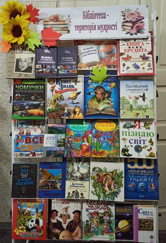 Полиця з книжками на тему: "Бібліотека - територія мудрості". У лівому верхньому куті -  соняхи  та штучні кленові листочки. 