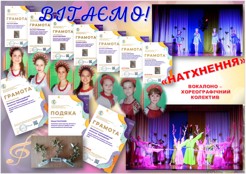 Колаж з фото дівчат, грамот, фото виступів колективу на сцені. 